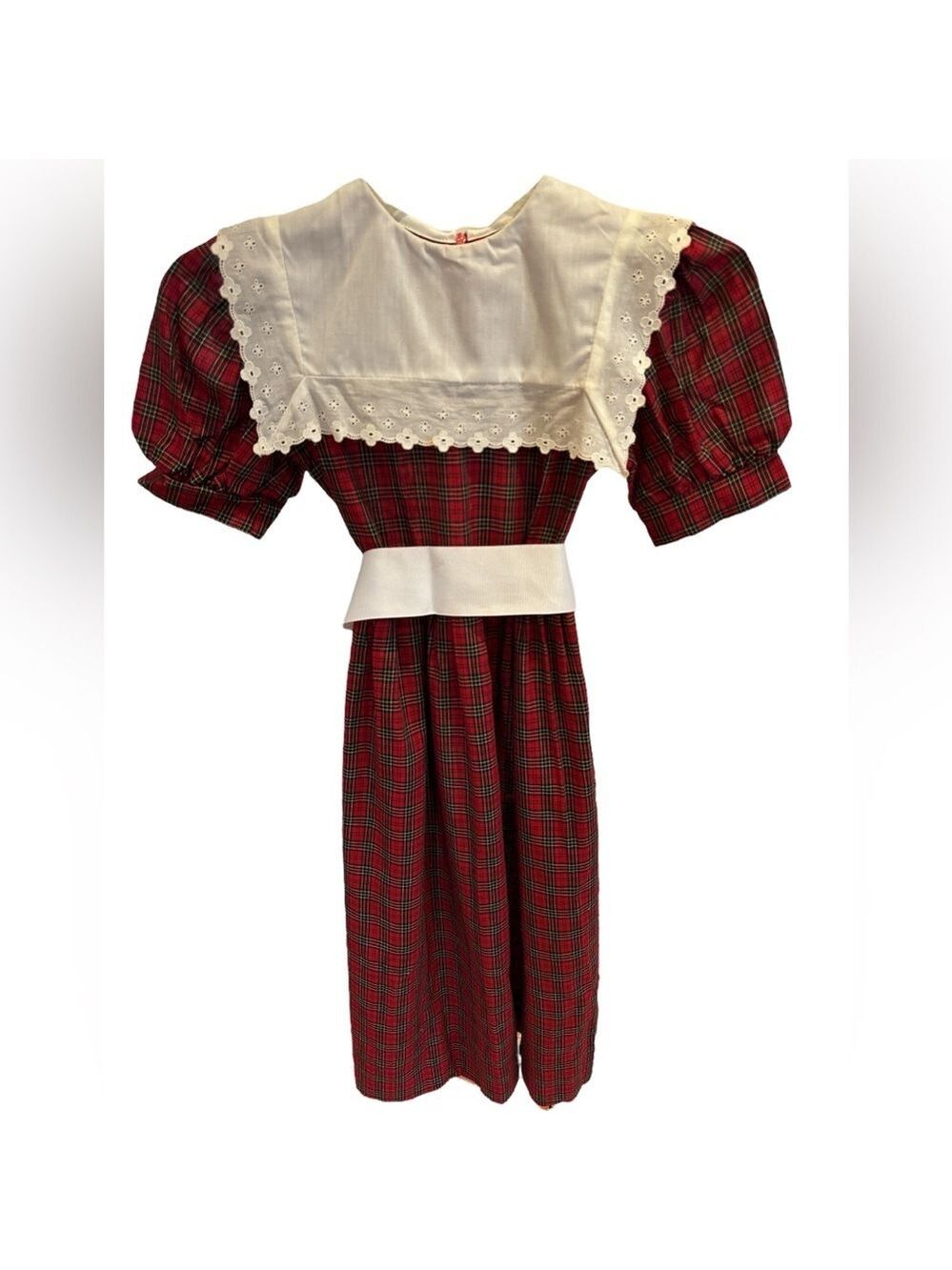 80s SUSANNE LIVELY RED TARTAN PLAID HERITAGE PRINT MAXI DRESS W PILGRIM COLLAR 8